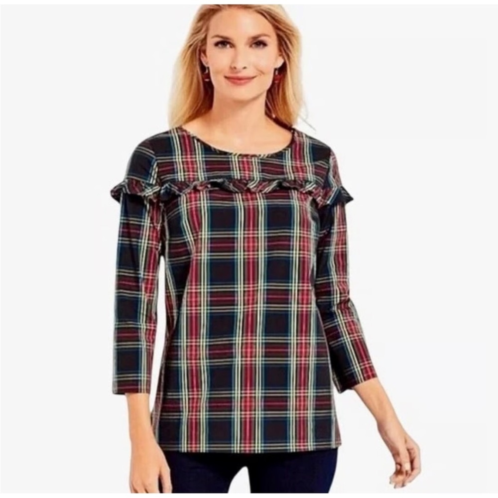 NWOT Talbots Stewart Plaid Poplin Ruffle Popover Blouse Holiday Blouse Top